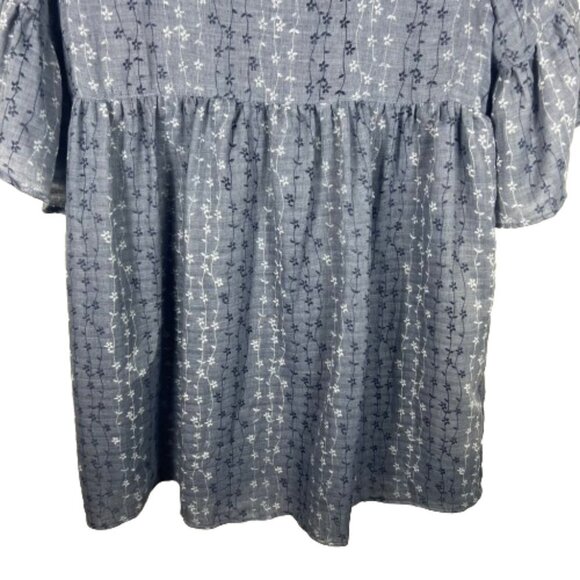 Umgee Womens Floral Chambray Baby Doll Dress Size M Blue Bell Sleeves Boho Twee - Picture 9 of 13